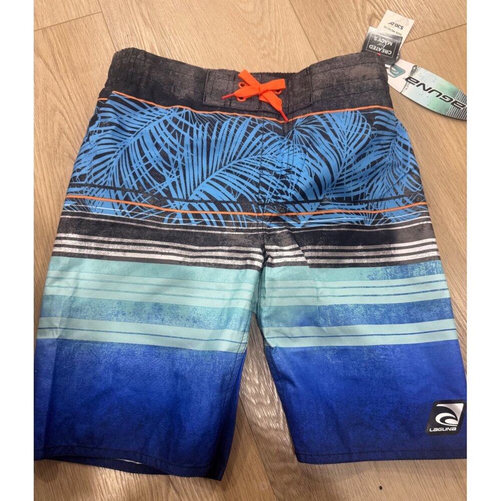 Laguna Boys Swim Trunks UPF 50 Palm & Stripe Design M/M (10/12) 100% Polyester B